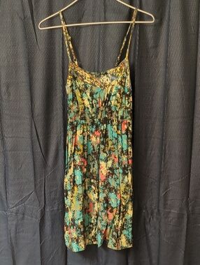 Floral Abstract Print Spaghetti Strap Dress - Teal, Yellow, Coral, Black